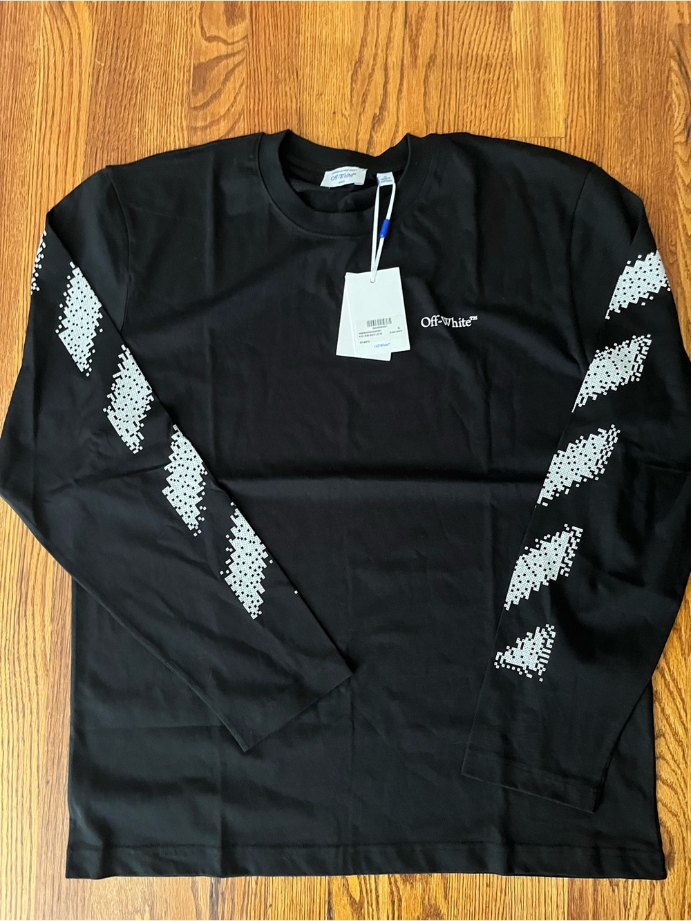 Off-White Black Long Sleeve Logo Tee with White Diagonal Sleeve Graphics (XL)